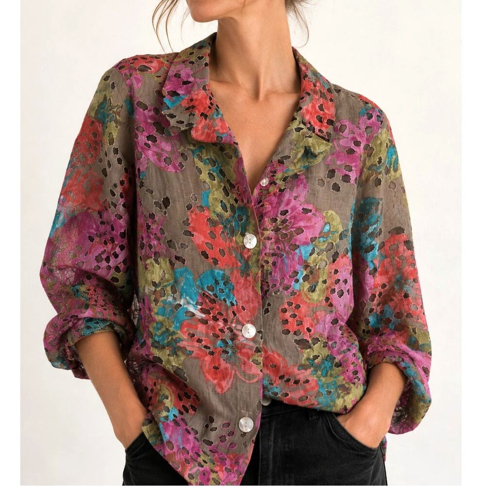 Trisha Tyler Floral Burnout Blouse Women’s XL Sheer Art to Wear Button Front